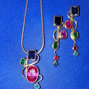 necklace pendant & earrings silver-set with pink, blue, green, turq avante-garde